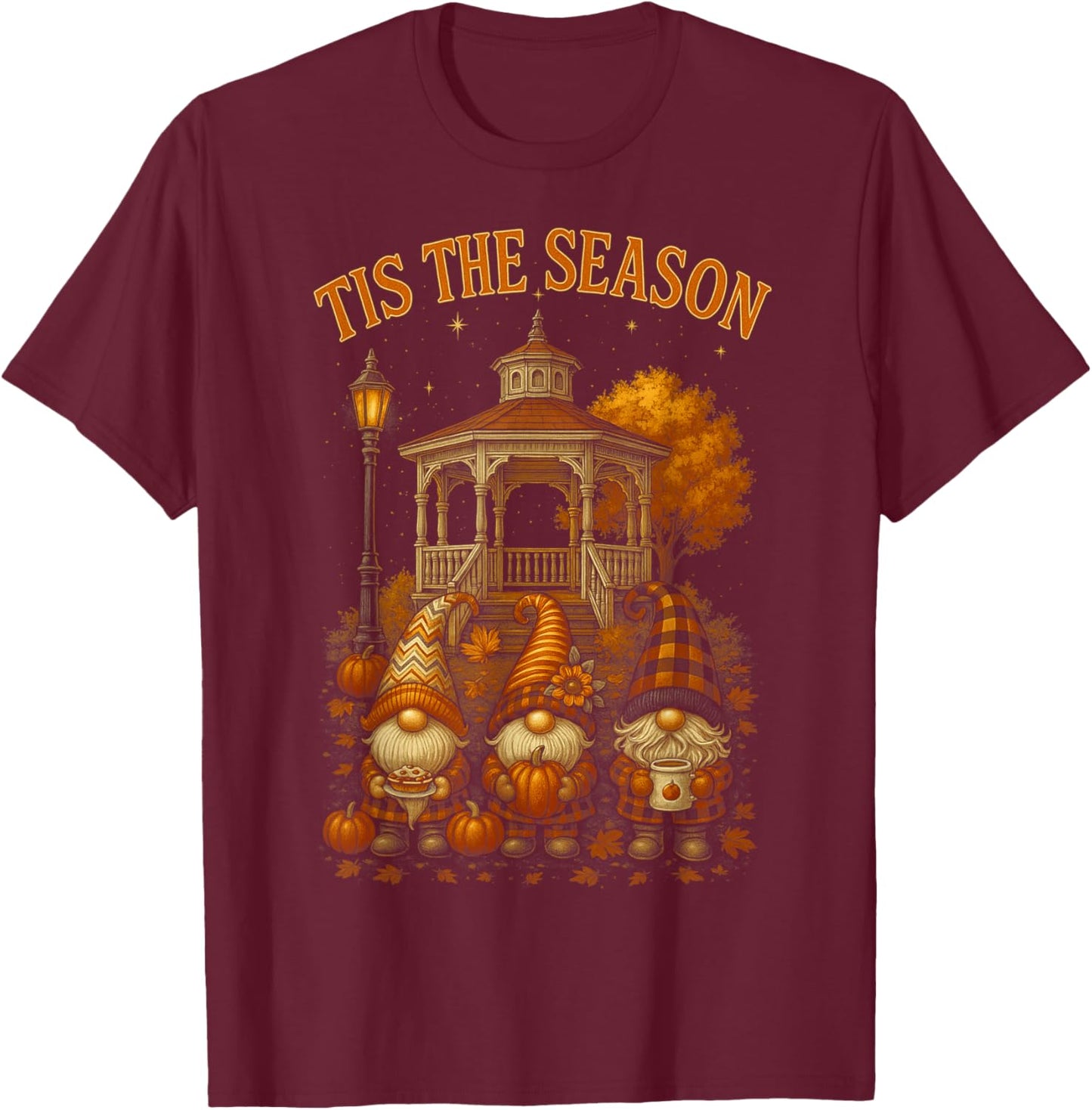 HUGvyn Fall Tis The Season Gnome Pumpkin Autumn Thanksgiving T-Shirt - T-Shirt | Maroon