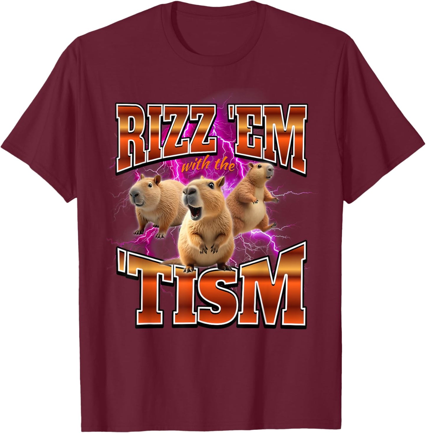 Autism Capybara Rizz Em With The Tism Brainrot Funny Meme T-Shirt - T-Shirt | Maroon