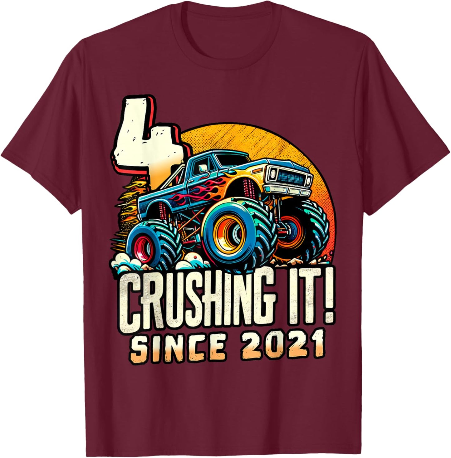Birthday Monster Truck 4 year Old Boys 4th Party Born 2021 T-Shirt - T-Shirt | Maroon