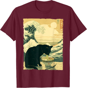 Funny Cat Ramen Great Wave Off Kanagawa Illustration Anime Cat T-Shirt - T-Shirt | Maroon