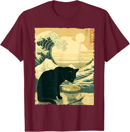 Funny Cat Ramen Great Wave Off Kanagawa Illustration Anime Cat T-Shirt - T-Shirt | Maroon