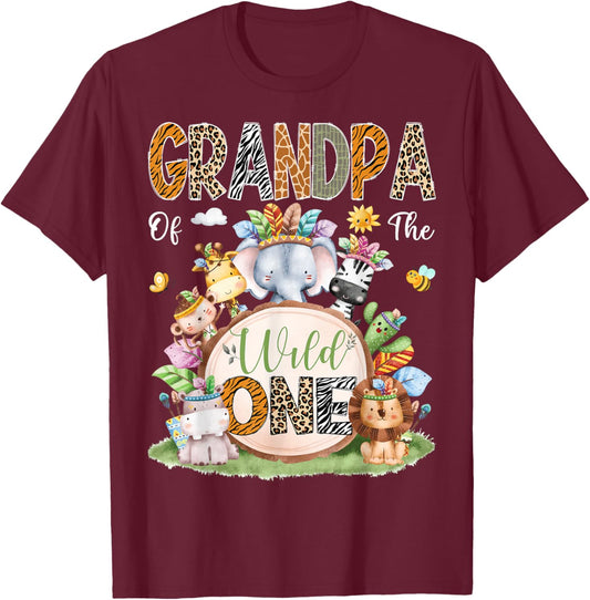 Grandpa Of The Wild One Safari Tribal Animal 1St Birthday T-Shirt - T-Shirt | Maroon
