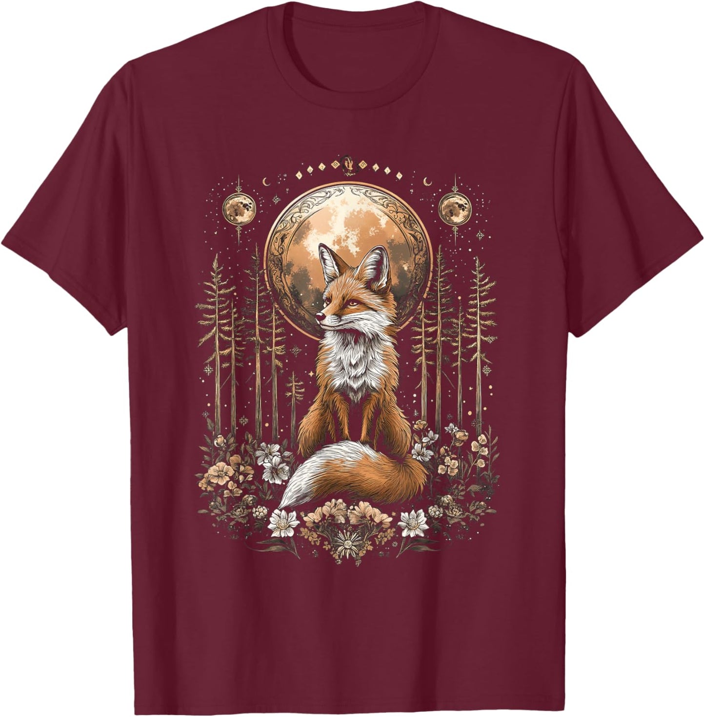 Mystic Moon and Moonphase Fox Mystical Flowers Aesthetic T-Shirt - T-Shirt | Maroon