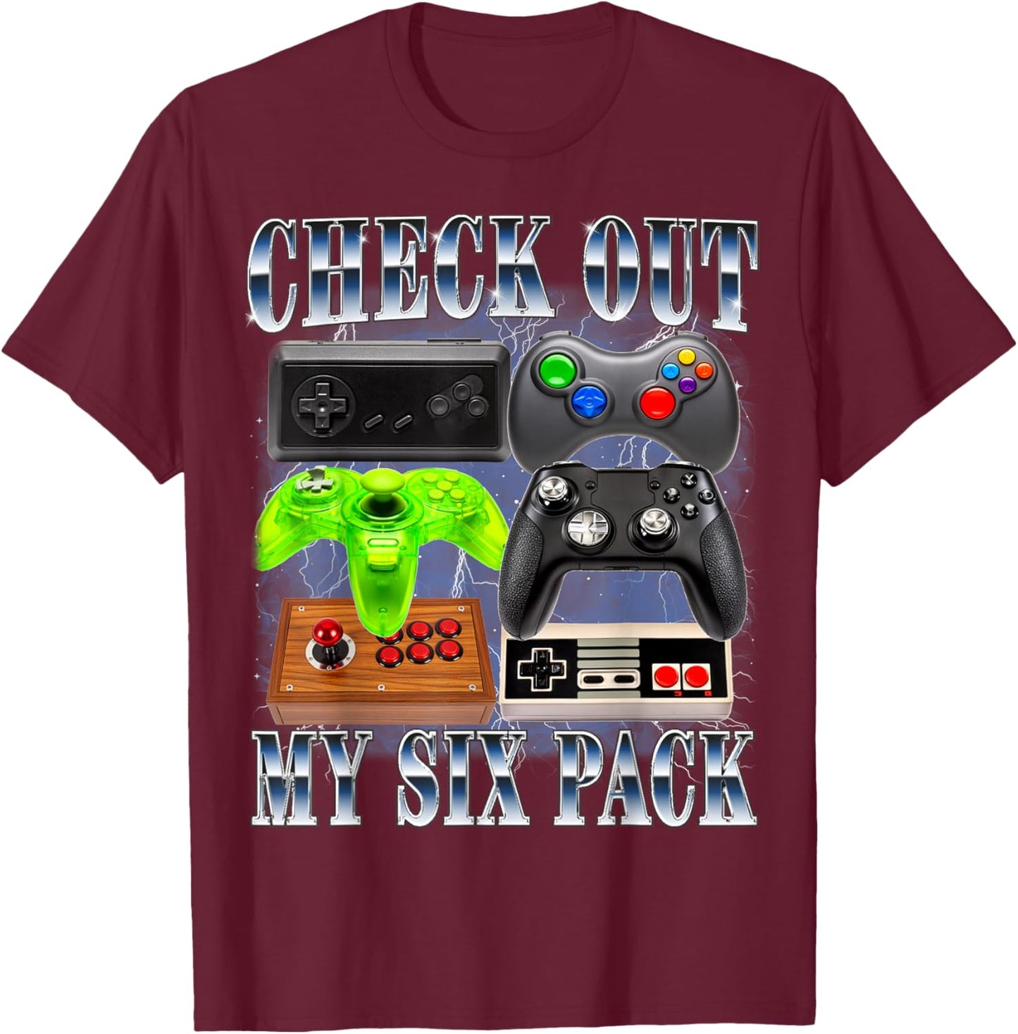Check Out My Six Pack Gamer Video Game 90s Style Gaming T-Shirt - T-Shirt | Maroon