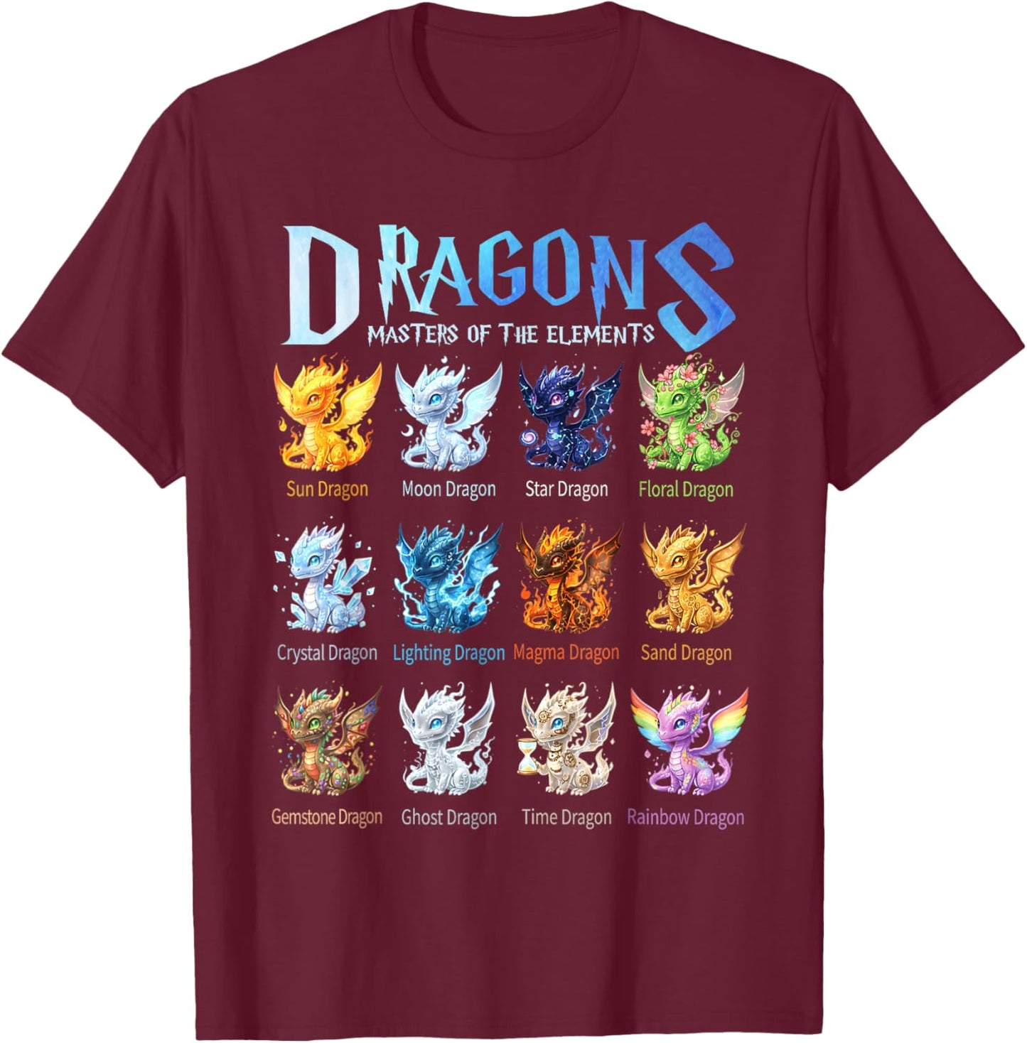 Dragons Masters of The Element Chart - Fantasy Dragon Types T-Shirt - T-Shirt | Maroon