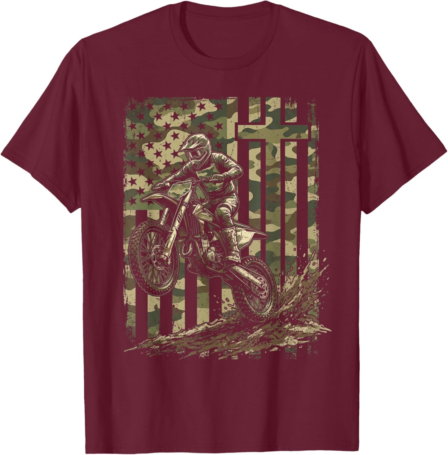 Patriotic Dirt Bike Camo American Flag Christian Motocross T-Shirt - T-Shirt | Maroon