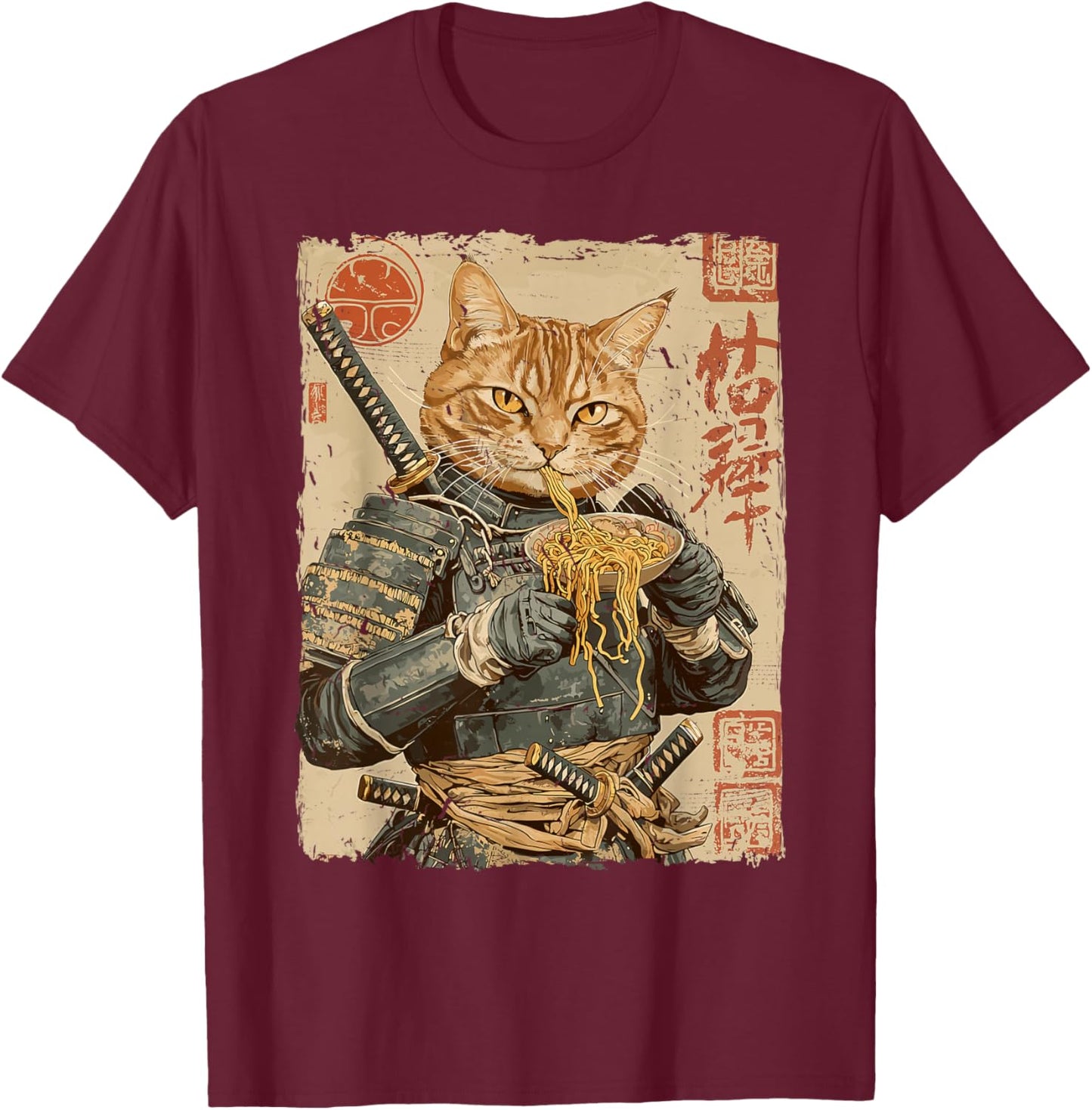 Samurai Cat Loves Ramen Funny Anime Japanese Artwork Samurai T-Shirt - T-Shirt | Maroon