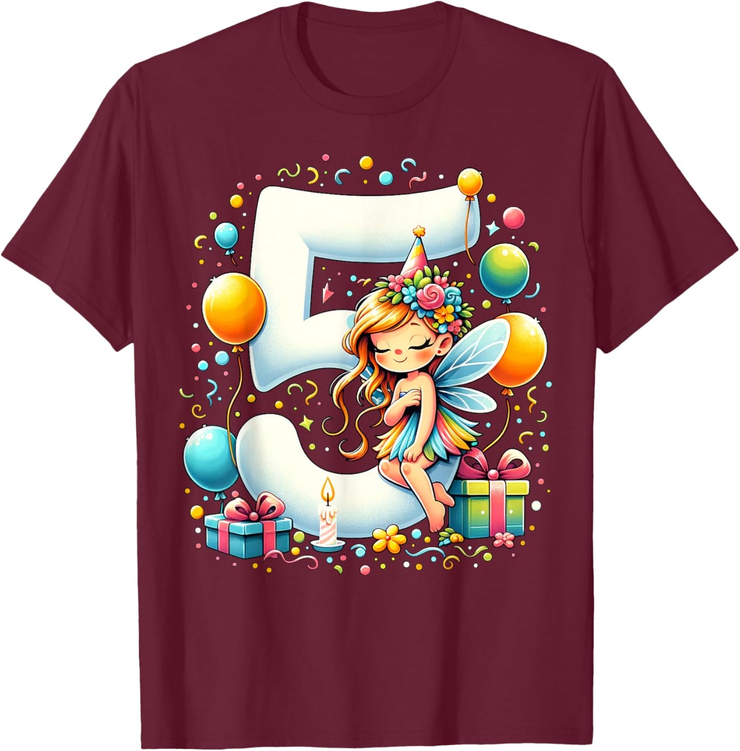 Kids Fairy Theme fifth Bday Party 5th Fairy Birthday T-Shirt - T-Shirt | Maroon