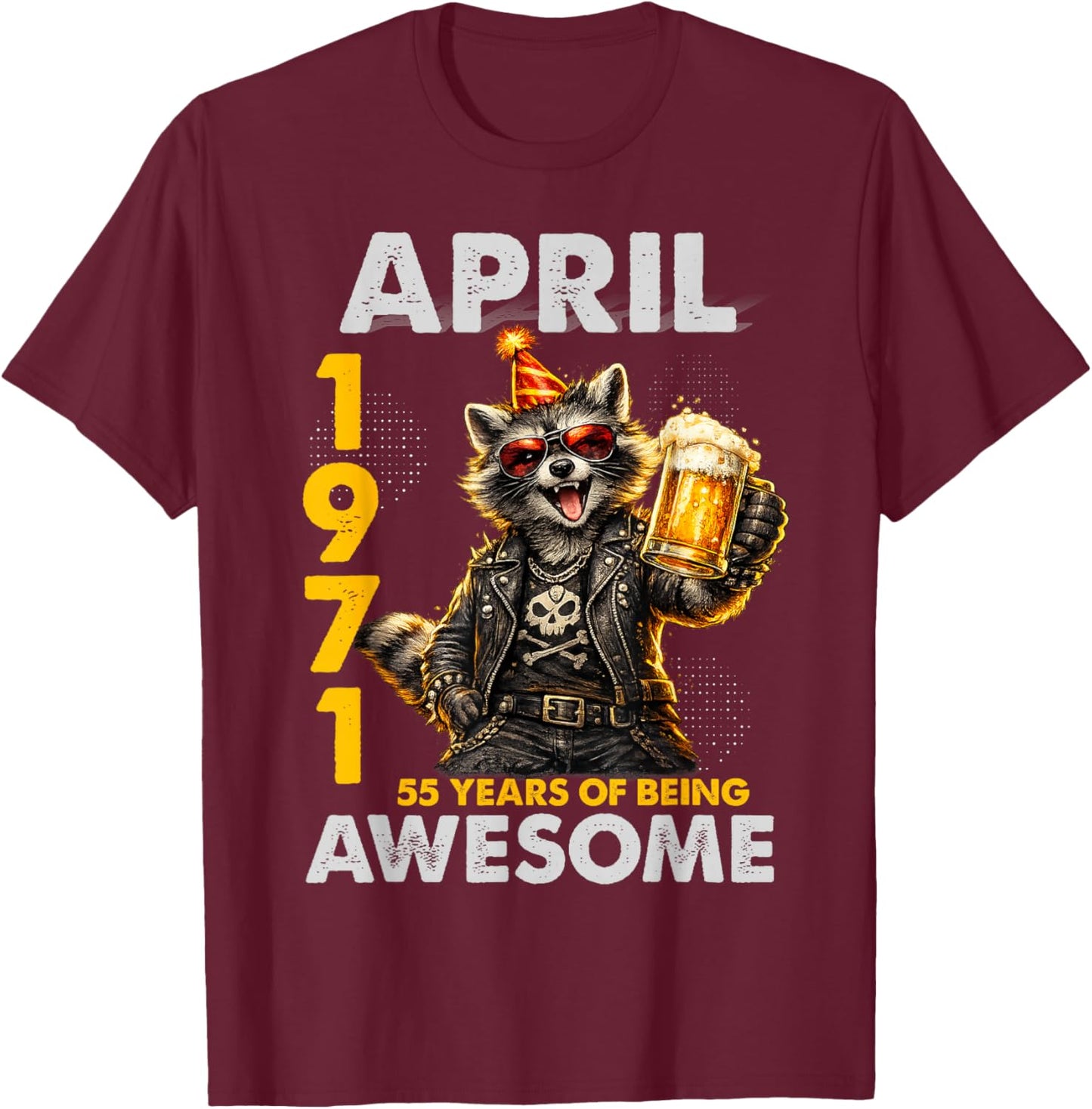 55th Birthday Raccoon Beer April 1971 Vintage 55 Years Old T-Shirt - T-Shirt | Maroon