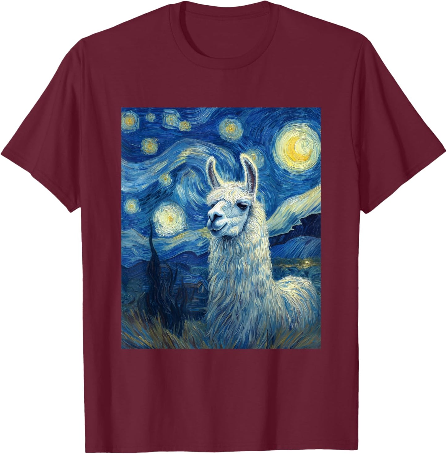 Llama Alpaka Van Gogh Style Starry Night Funny Graphic T-Shirt - T-Shirt | Maroon