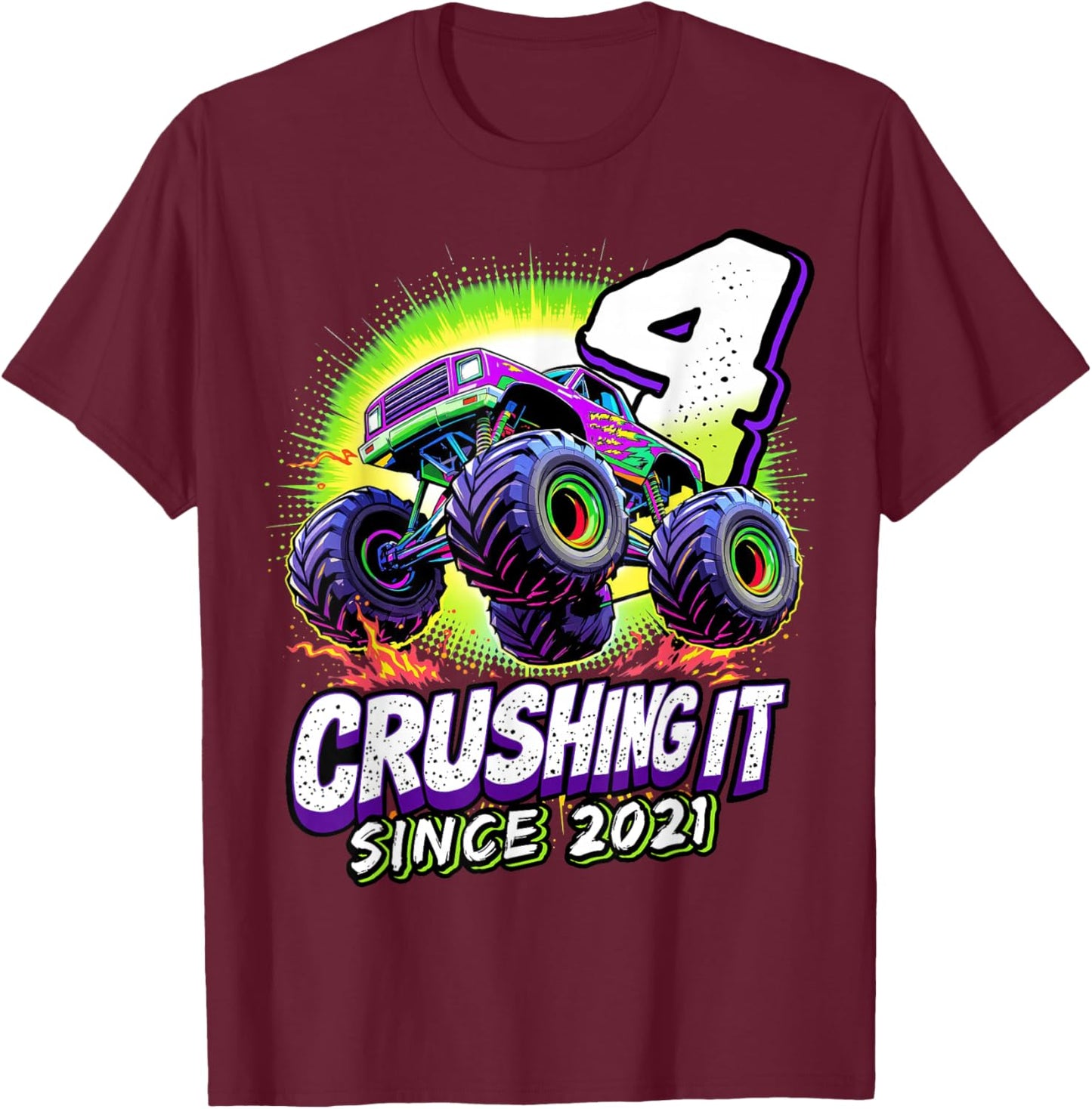 Birthday Monster Truck 4 Year Old Boys 4th Party Born 2021 T-Shirt - T-Shirt | Maroon