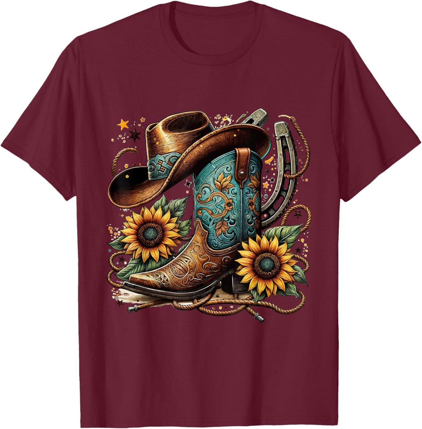 Western Cowboy Boot Horseshoe Sunflower Rope Cowgirl Boot , Small, Black T-Shirt - T-Shirt | Maroon