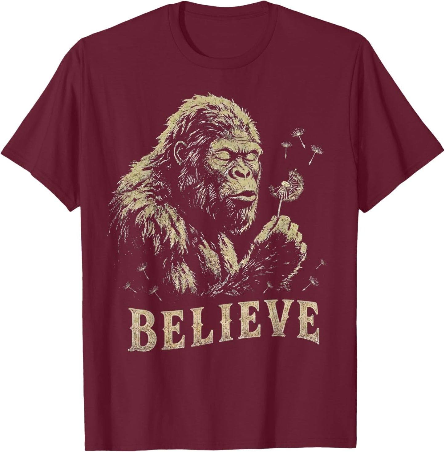 Vintage Sasquatch Believe Cryptid Blowing Dandelion Gifts T-Shirt - T-Shirt | Maroon