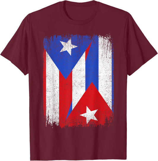 Half Puerto Rico Cuba Flag Cuban Pride Roots T-Shirt - T-Shirt | Maroon