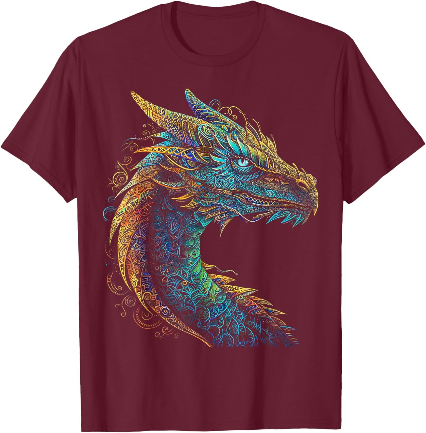 Drachen-Mandala-Kunst Buntes Tier abstrakte Grafik Drache T-Shirt - T-Shirt | Maroon