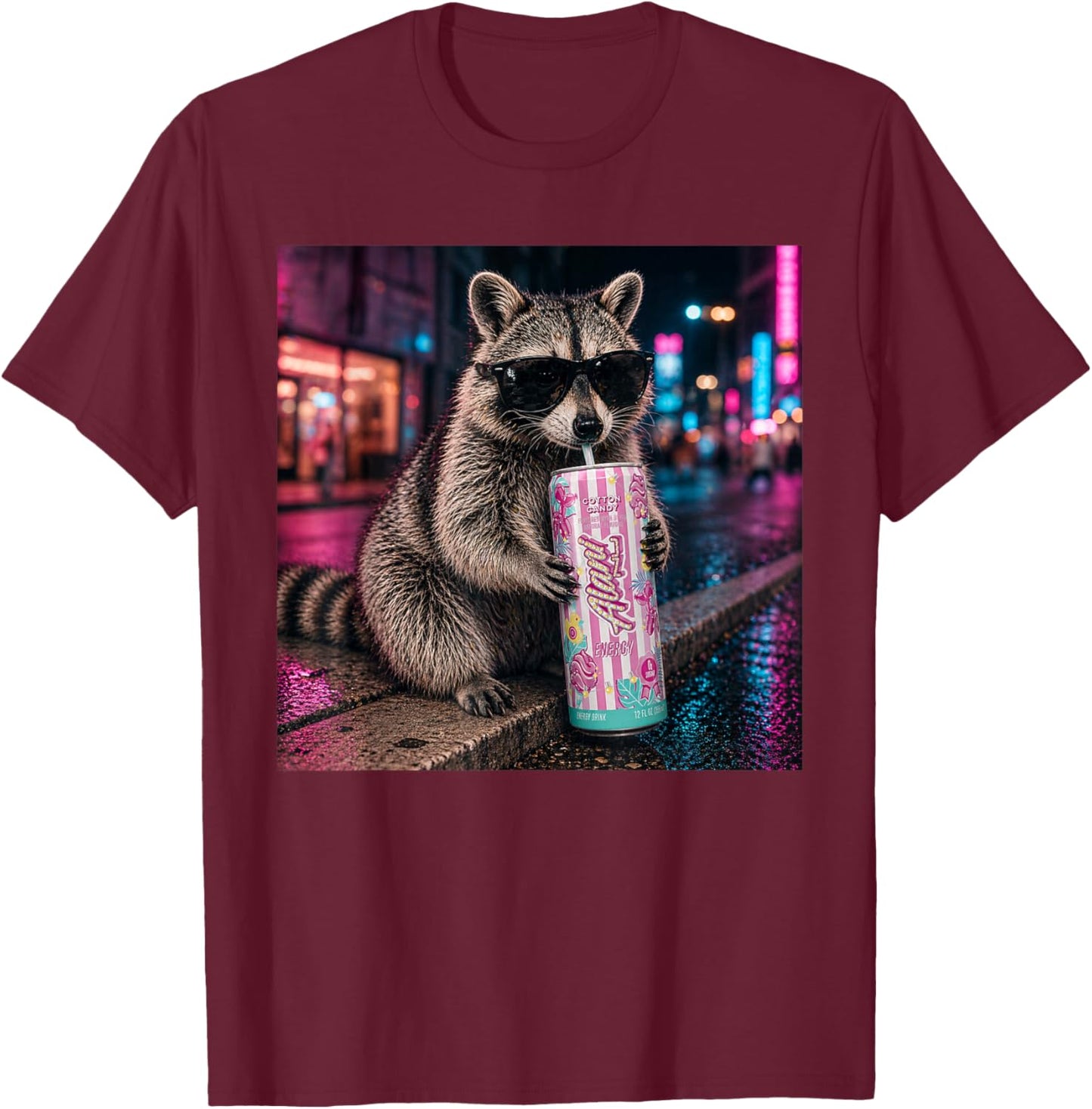 Funny Raccoon Cotton-Candy Drink Animal Meme Graphic T-Shirt - T-Shirt | Maroon
