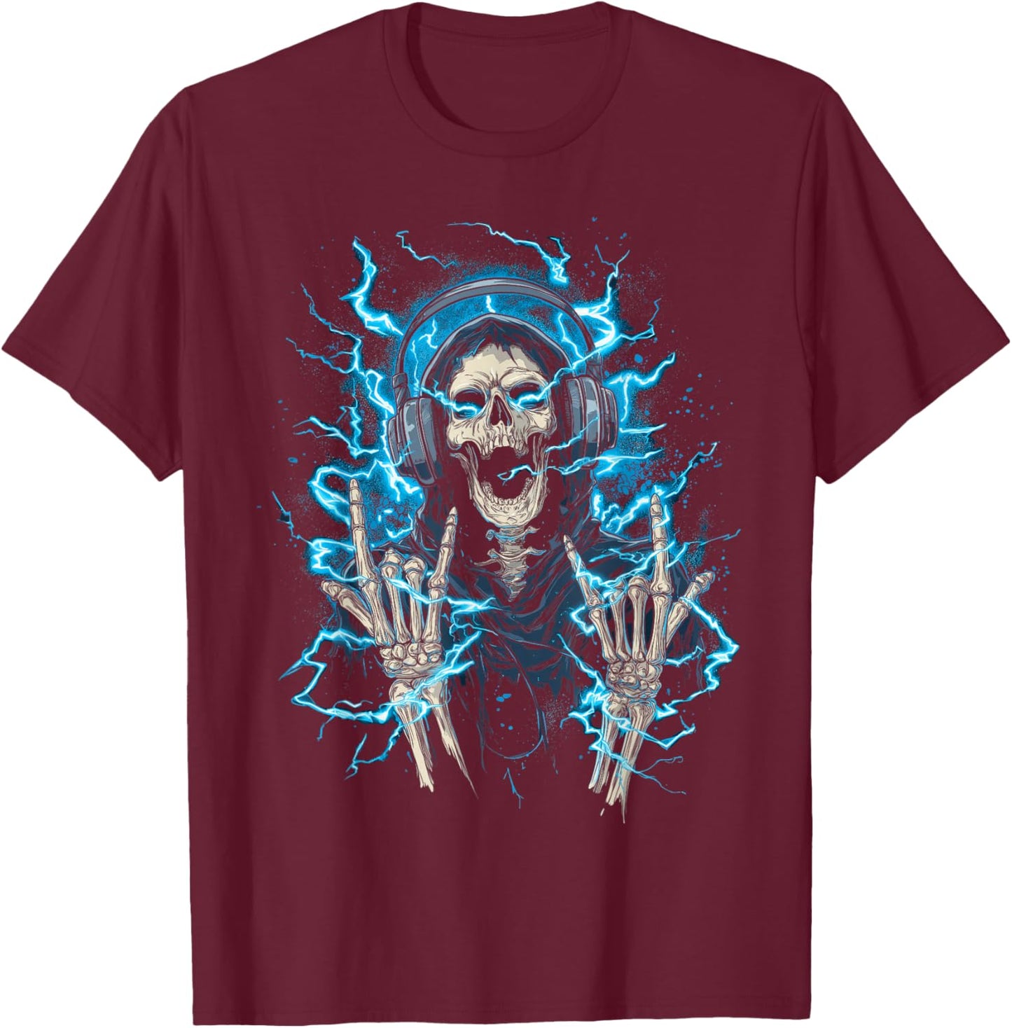 Y2k Gothic Emo Skull Electric Skeleton DJ Headphones T-Shirt - T-Shirt | Maroon