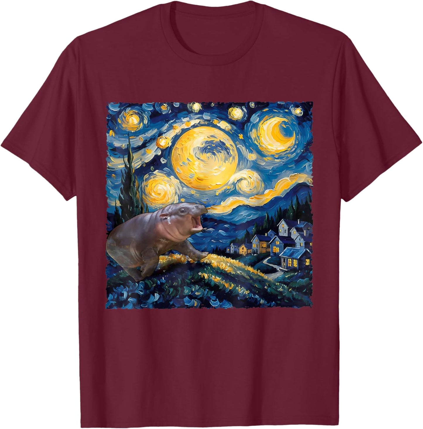 Moo-Deng Starry Night Van Gogh Funny Moo-Deng Meme T-Shirt - T-Shirt | Maroon