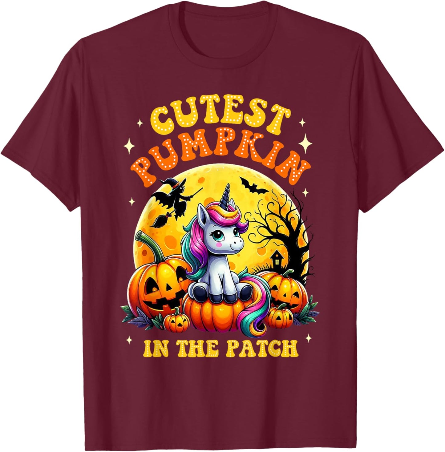Cutest Pumpkin In The Patch Unicorn Witch Halloween Kawaii T-Shirt - T-Shirt | Maroon