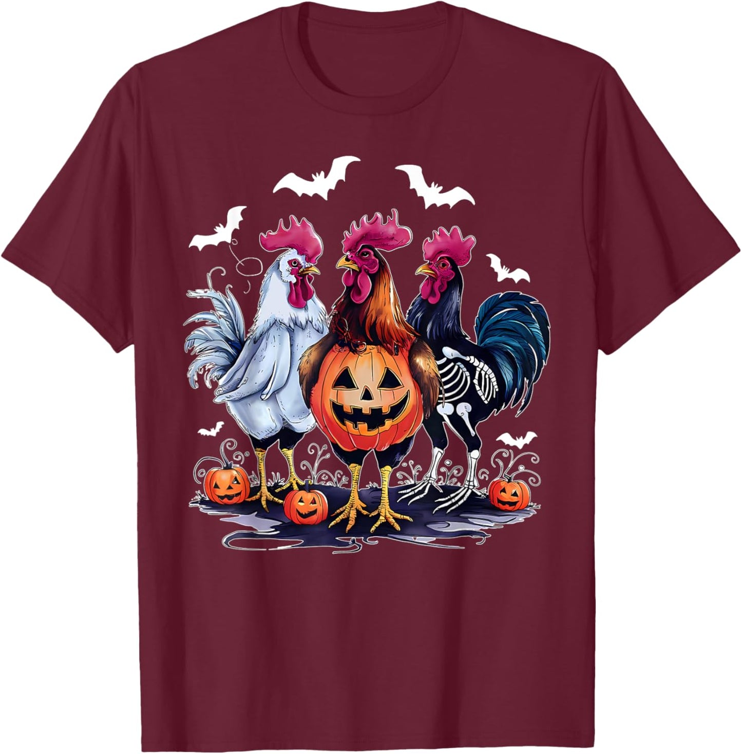 Retro Pumpkin Rooster Bat Chicken Farm Animal Spooky Party T-Shirt - T-Shirt | Maroon