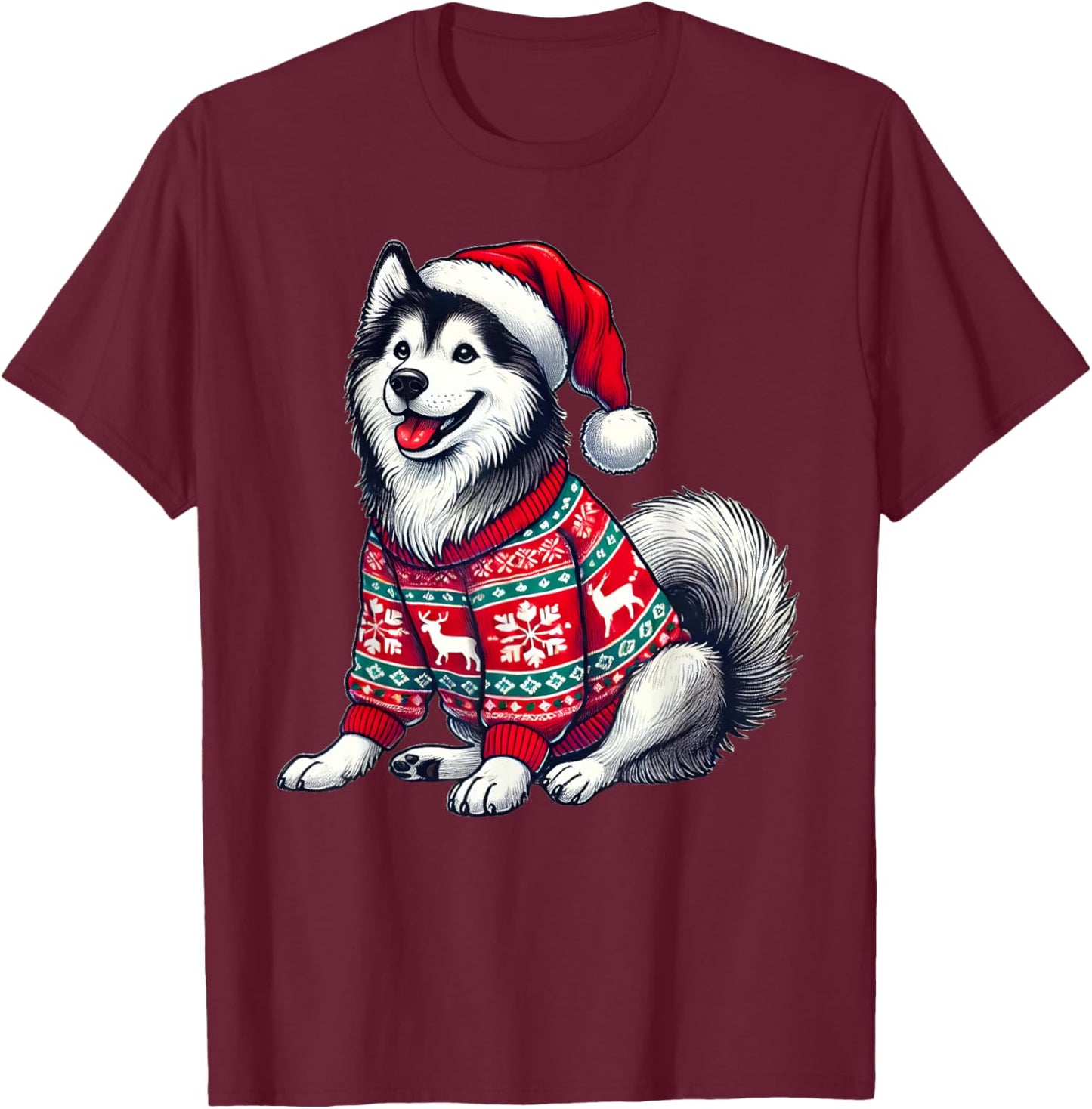Siberian Husky Dog Ugly Sweater Santa Hat Christmas T-Shirt - T-Shirt | Maroon