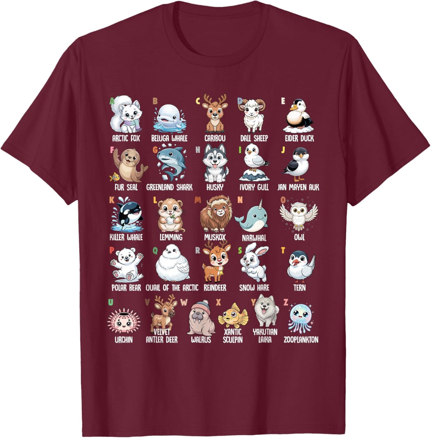 A-Z Arctic Animals Alphabet Collection Wildlife Education T-Shirt - T-Shirt | Maroon
