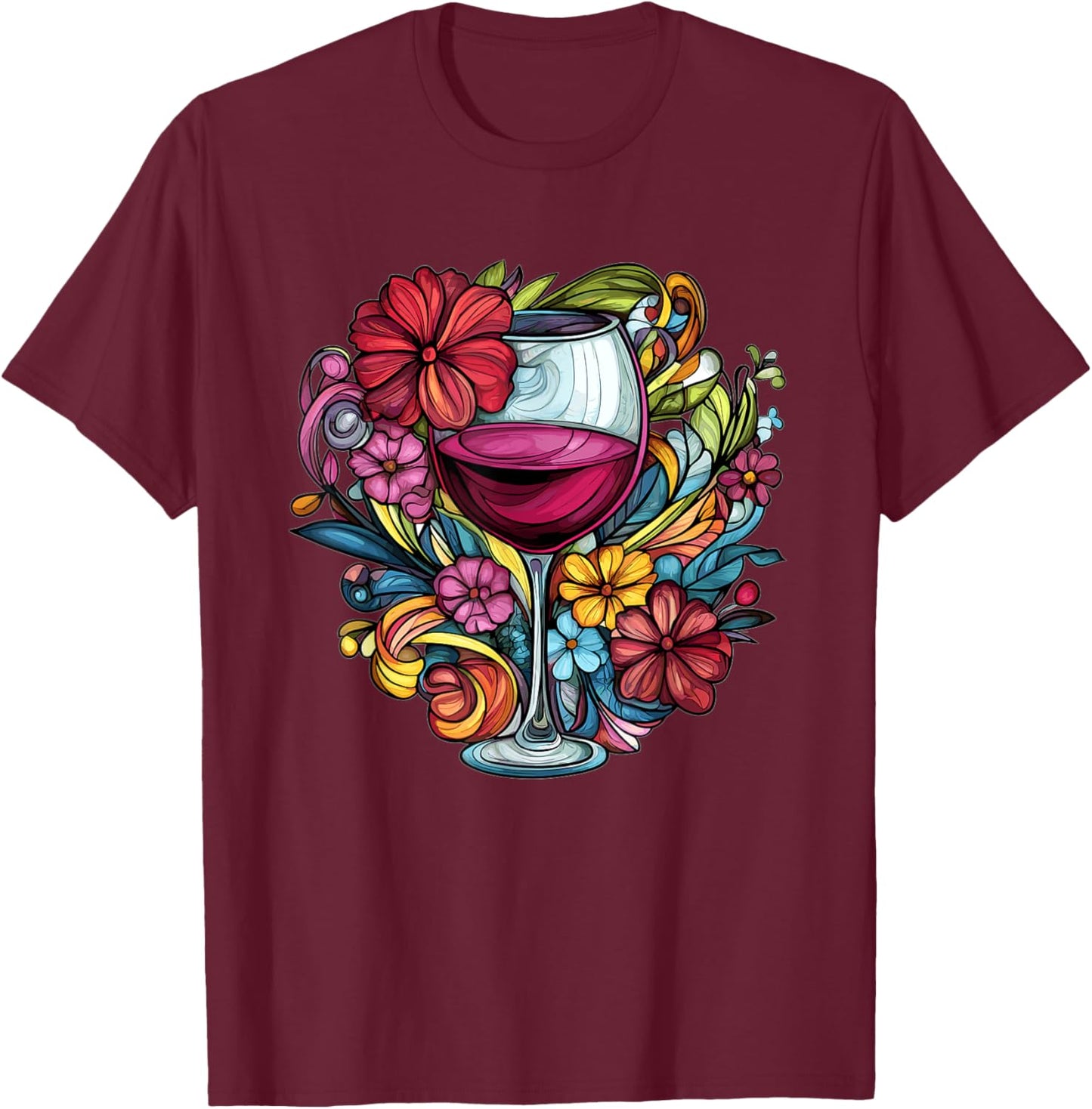Elegant Wine Glass With Floral Blooms T-Shirt - T-Shirt | Maroon