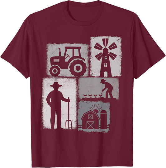 Farmer Vintage Collage Farming Men Rancher Cowboy Farm Owner T-Shirt - T-Shirt | Maroon