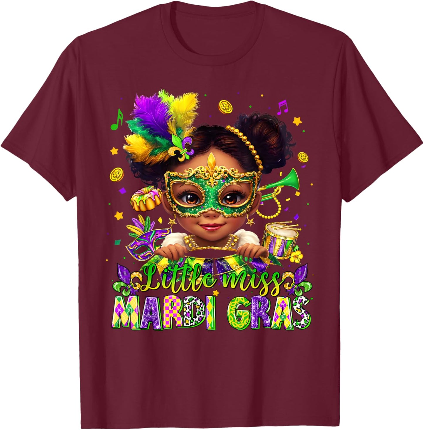 Little Miss Mardi Gras Afro Messy Bun Girl Women Kid T-Shirt - T-Shirt | Maroon