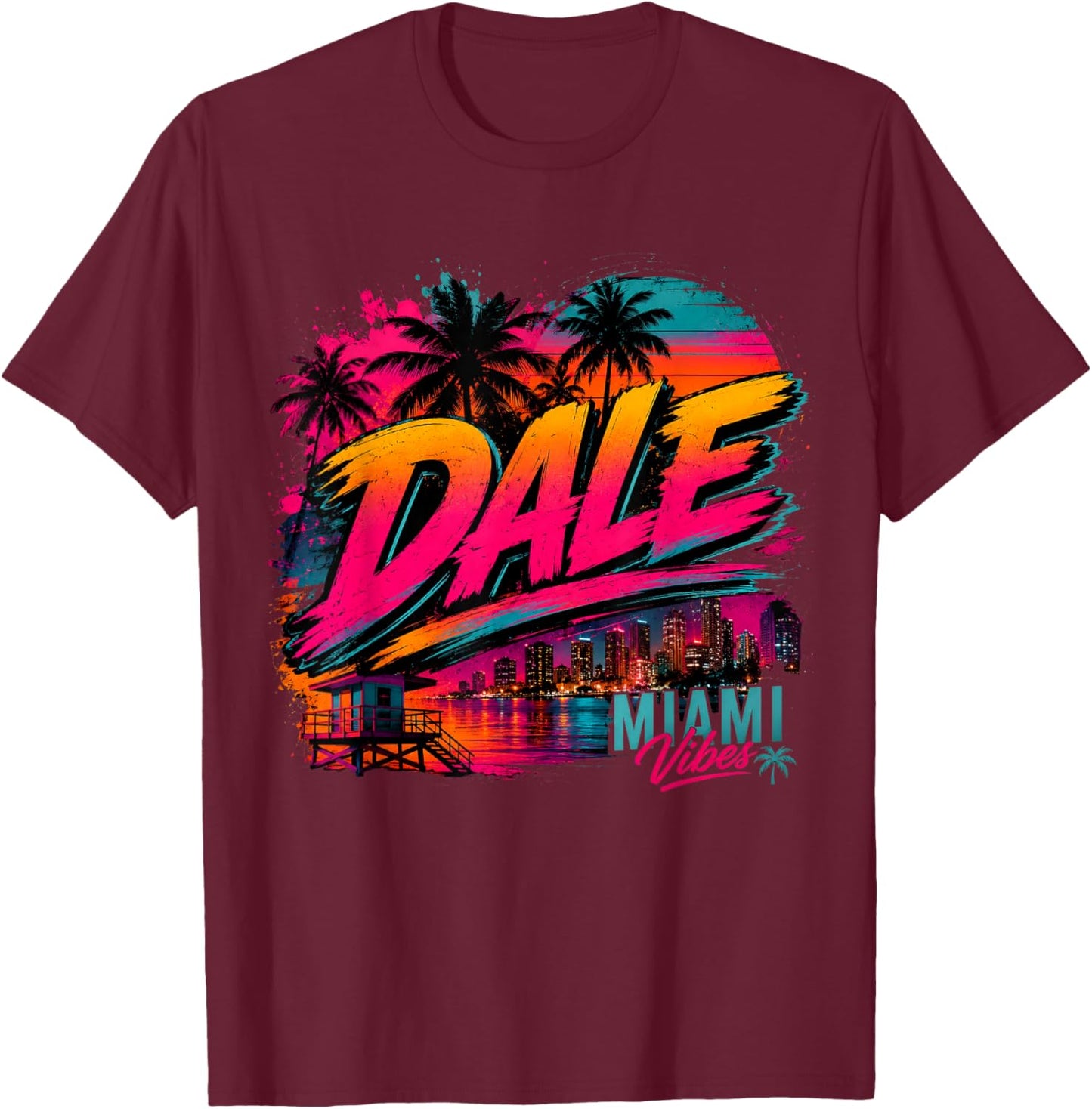 Dale Miami Retro Sunset Pitbull Streetwear Style T-Shirt - T-Shirt | Maroon