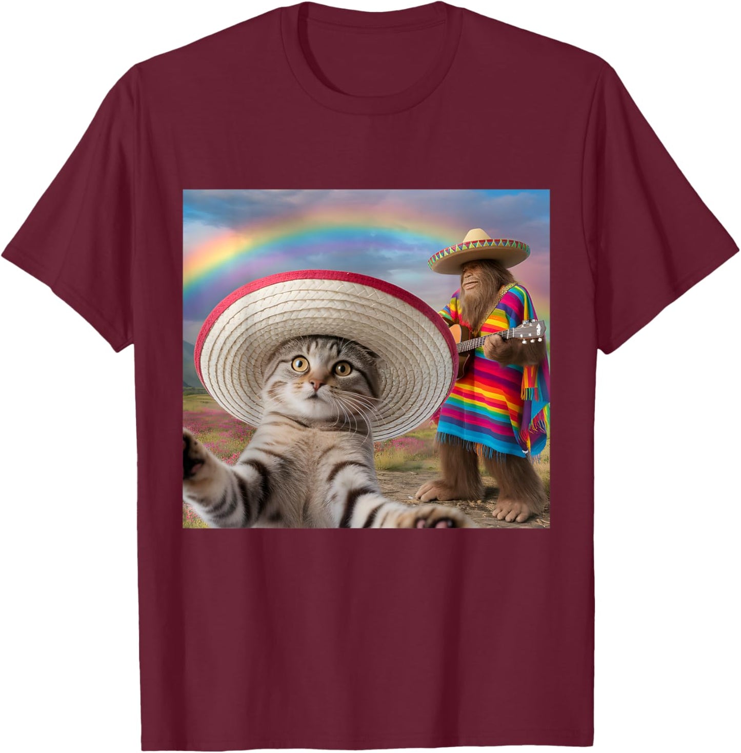 Funny Cat Selfie With Bigfoot Cinco de Mayo Men Women Kids T-Shirt - T-Shirt | Maroon