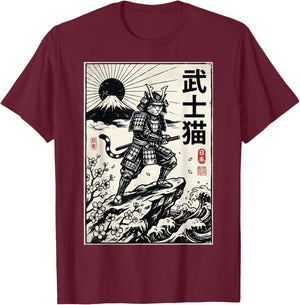 Japanese Cat Katana Japan Samurai T-Shirt - T-Shirt | Maroon