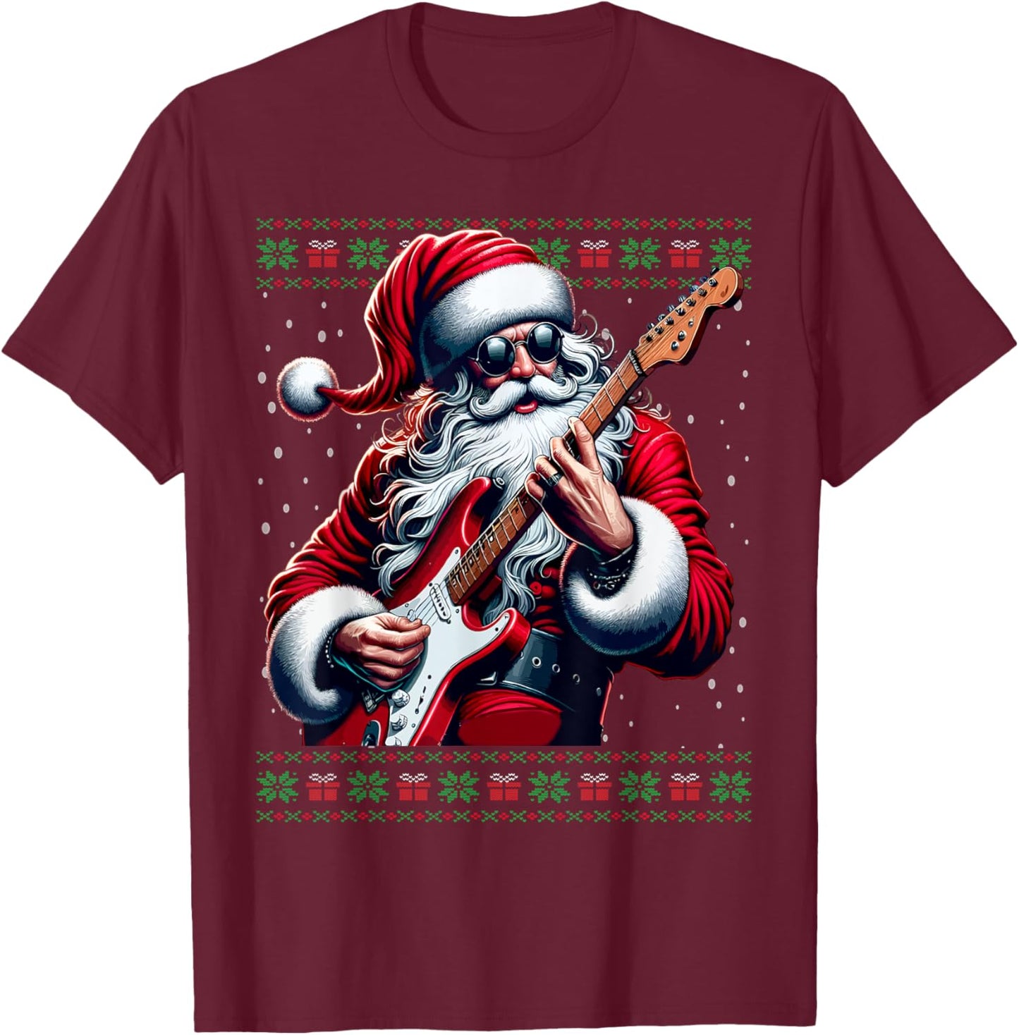 Santa Guitar Musician Guitarist Ugly Christmas Sweater T-Shirt - T-Shirt | Maroon