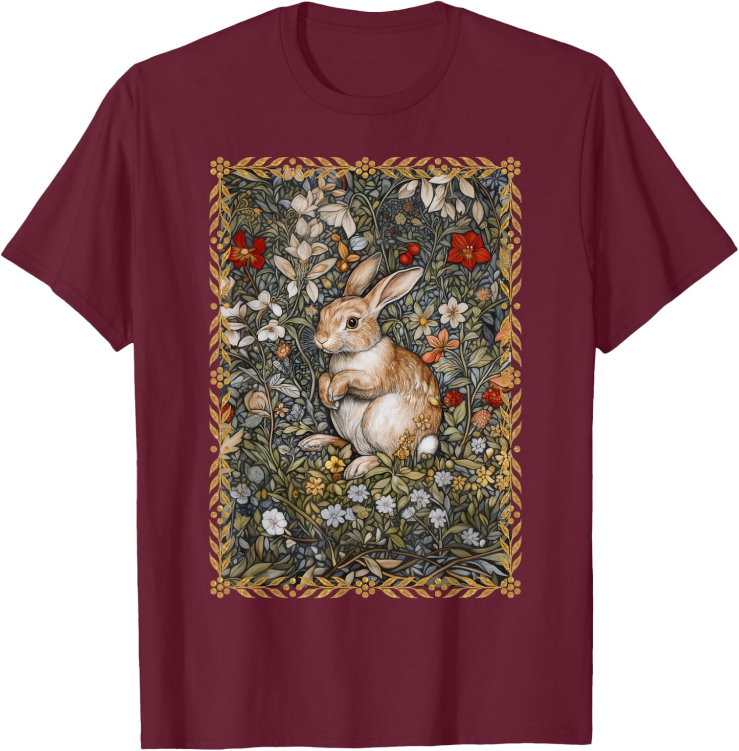 Rabbit in a William Morris Style Flower Garden T-Shirt - T-Shirt | Maroon