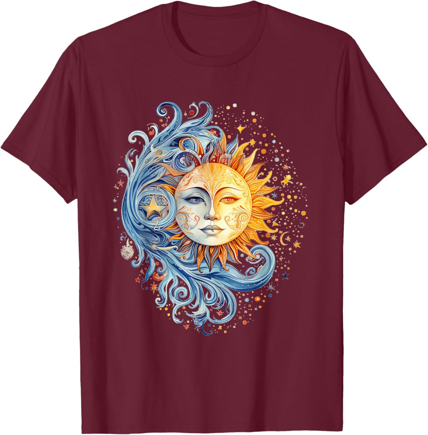 Mystical Sun and Moon with Woman Mystical Flowers Aesthetic T-Shirt - T-Shirt | Maroon