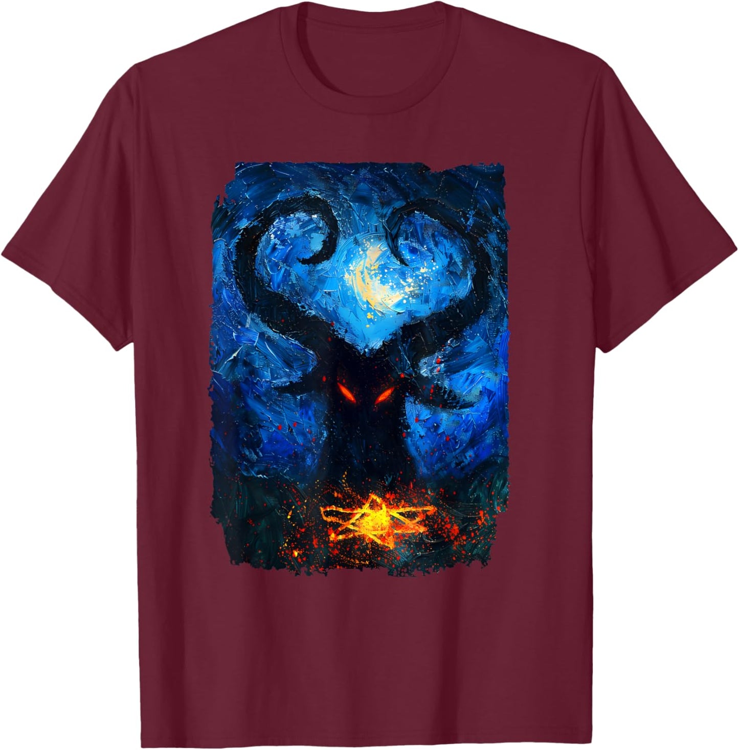 Occult Baphomet Starry Nights Goat Pentagram T-Shirt - T-Shirt | Maroon
