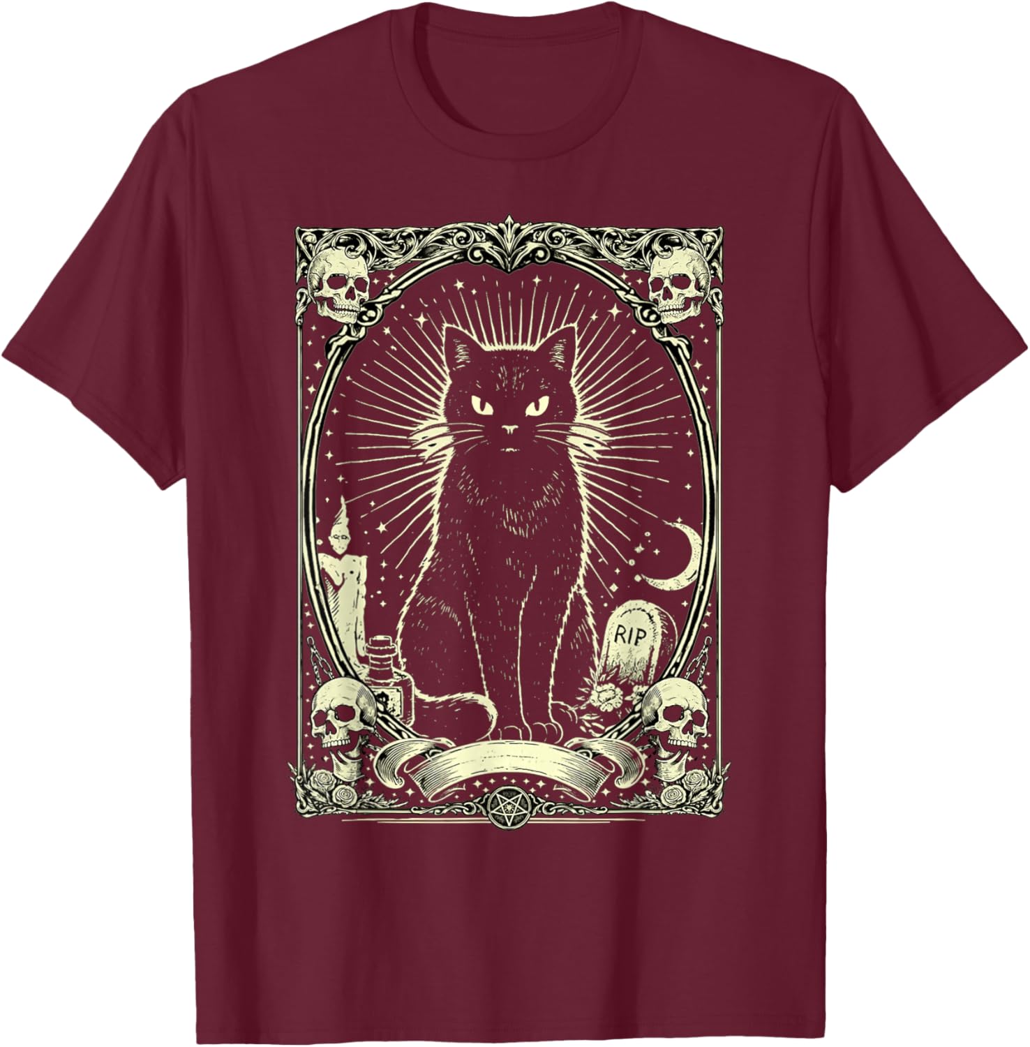 Gothic Black Cat Vintage Design T-Shirt - T-Shirt | Maroon