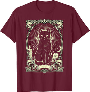 Gothic Black Cat Vintage Design T-Shirt - T-Shirt | Maroon