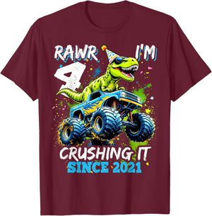 4th Birthday Monster Truck Dinosaur Party Boys Rawr I'm 4 T-Shirt - T-Shirt | Maroon