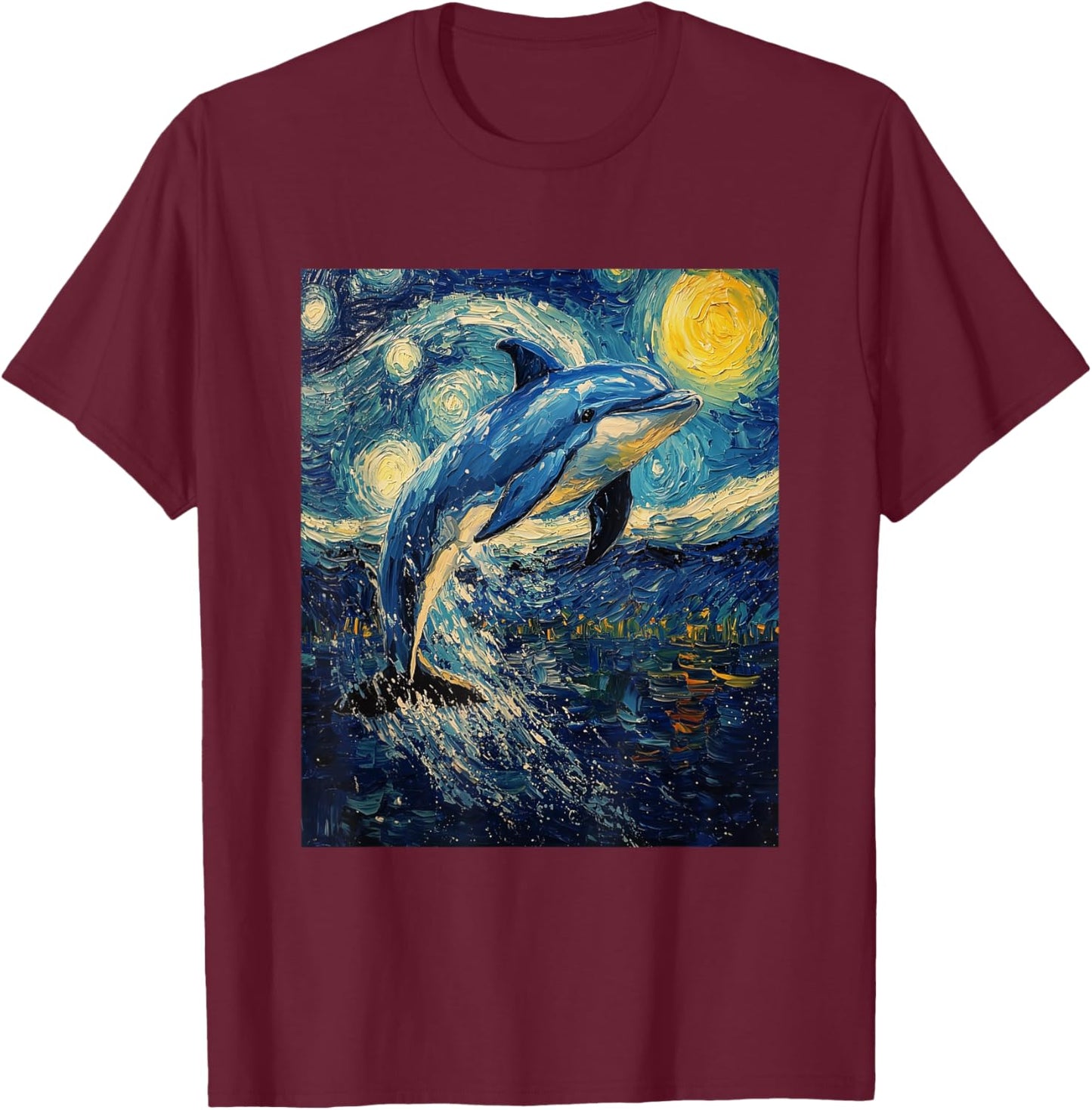 Cute Dolphin - Van Gogh Style - Starry Night Graphic T-Shirt - T-Shirt | Maroon