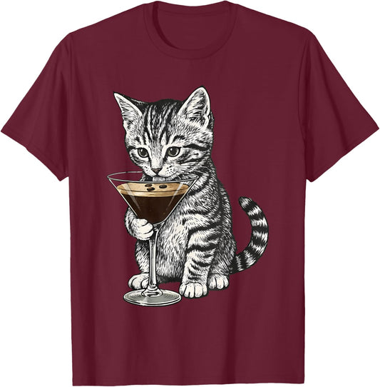 Funny Cat Drinking Cocktail Cute Kitten Cat Lover T-Shirt - T-Shirt | Maroon