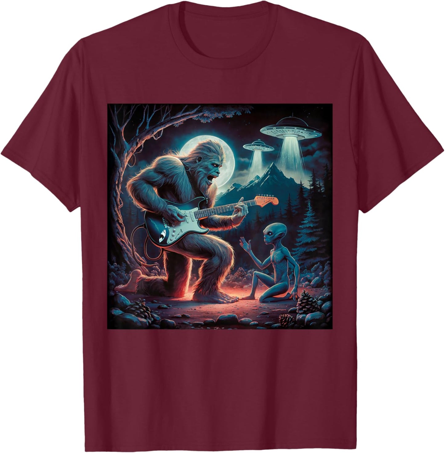 Alien Bigfoot Guitar Sasquatch UFO T-Shirt - T-Shirt | Maroon