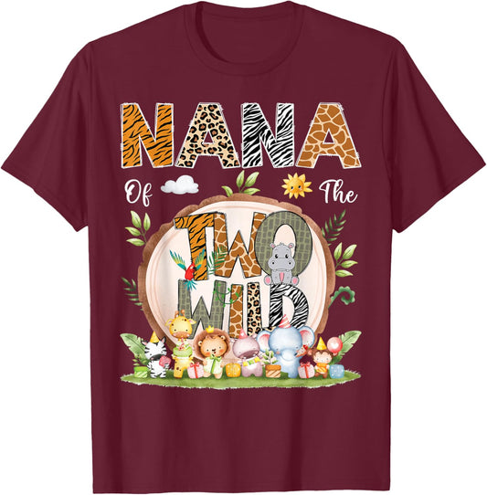 Nana Of The Two Wild Animal Safari 2Nd Birthday Party T-Shirt - T-Shirt | Maroon