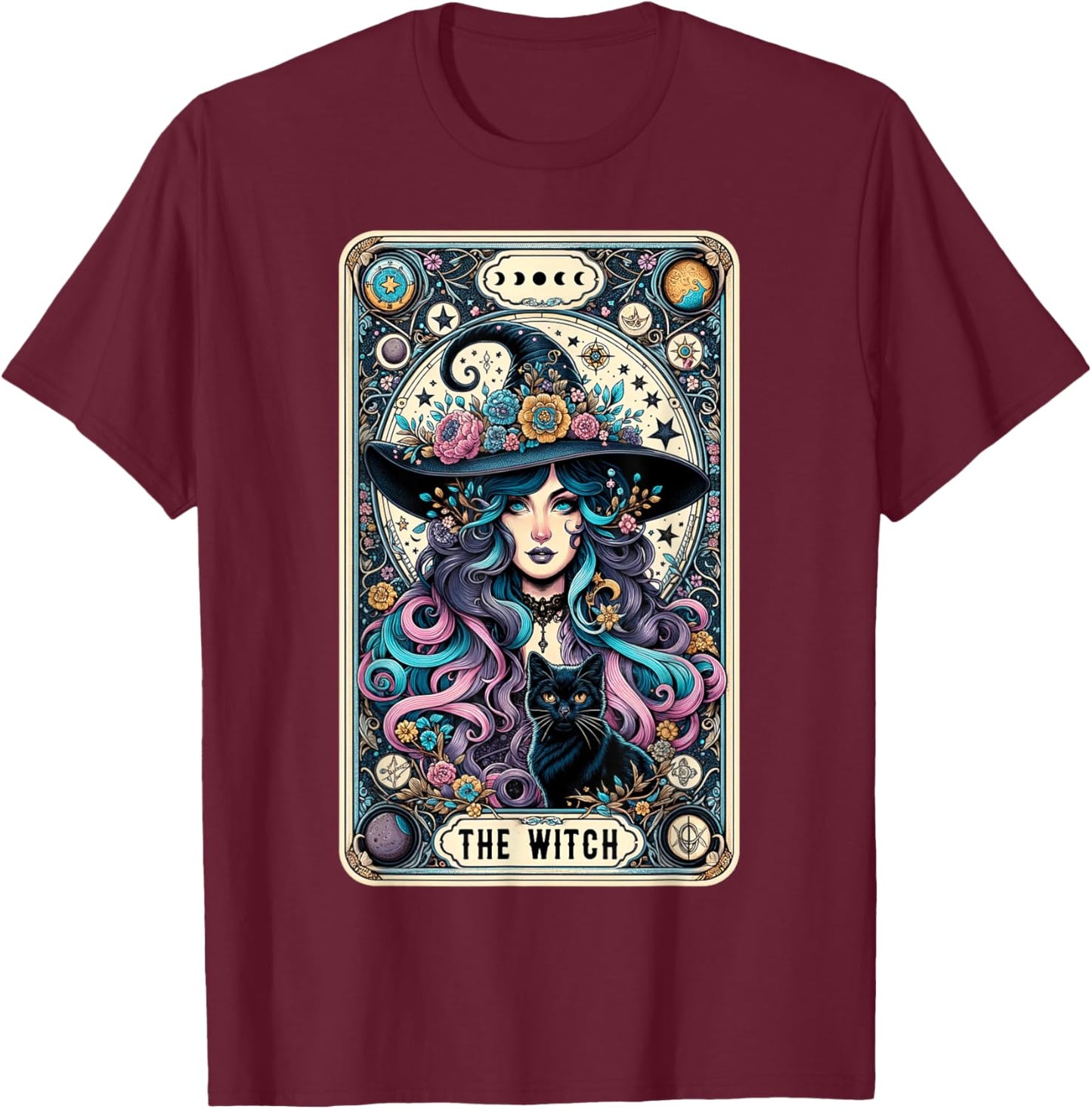 The Witch Cat Tarot Card Witch Vintage Gothic Halloween Women Kids T-Shirt - T-Shirt | Maroon