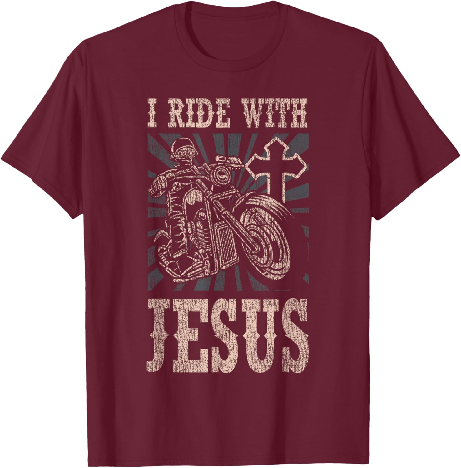 Classic Christian Motorcycle Biker I Ride With Jesus T-Shirt - T-Shirt | Maroon