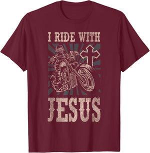 Classic Christian Motorcycle Biker I Ride With Jesus T-Shirt - T-Shirt | Maroon