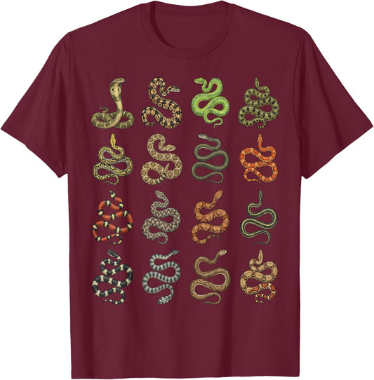 Types of Snakes Chart – Herpetology Species T-Shirt - T-Shirt | Maroon