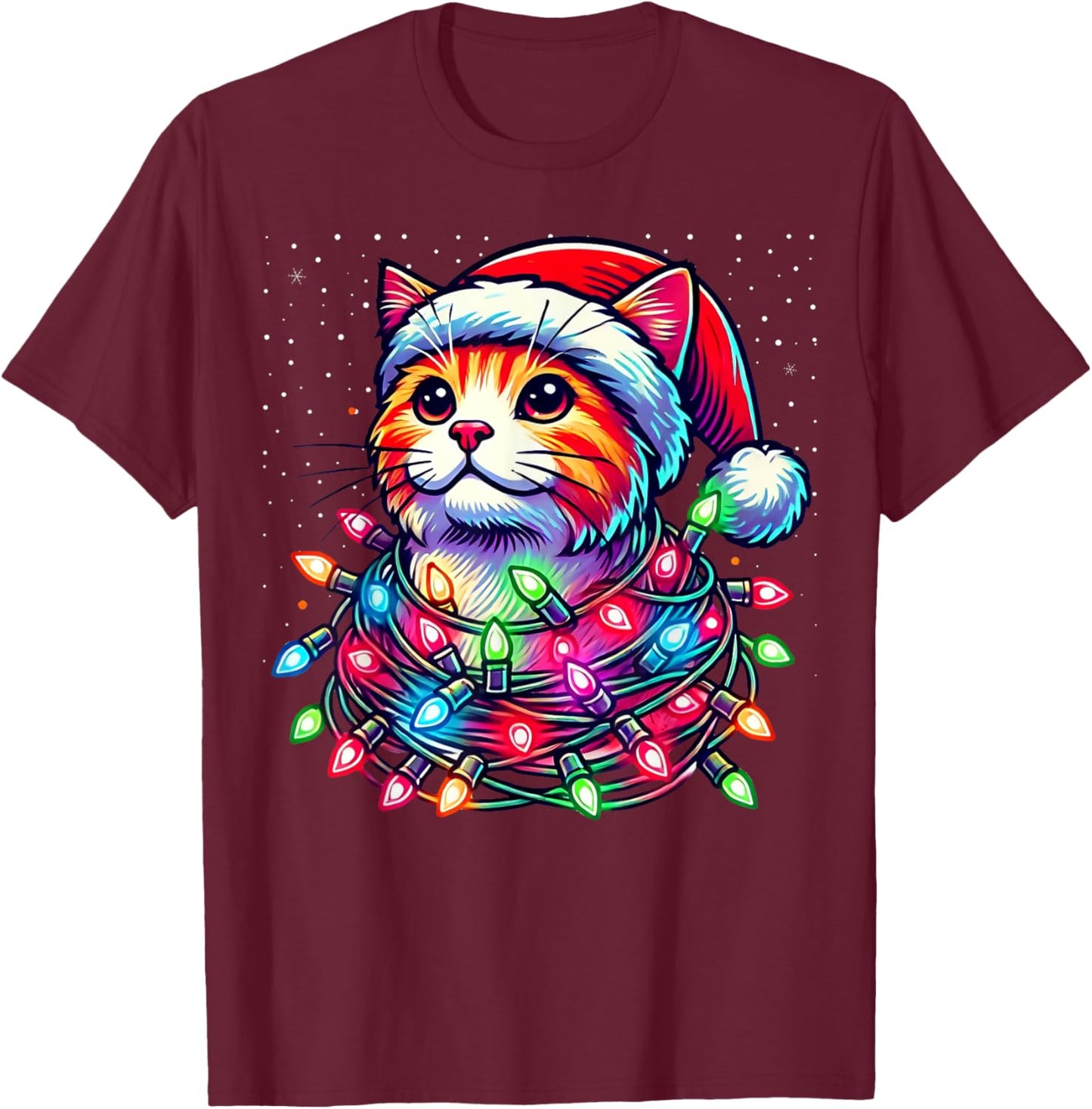 Santa Cat Tangled Up in Christmas Lights Funny Xmas Pajama T-Shirt - T-Shirt | Maroon