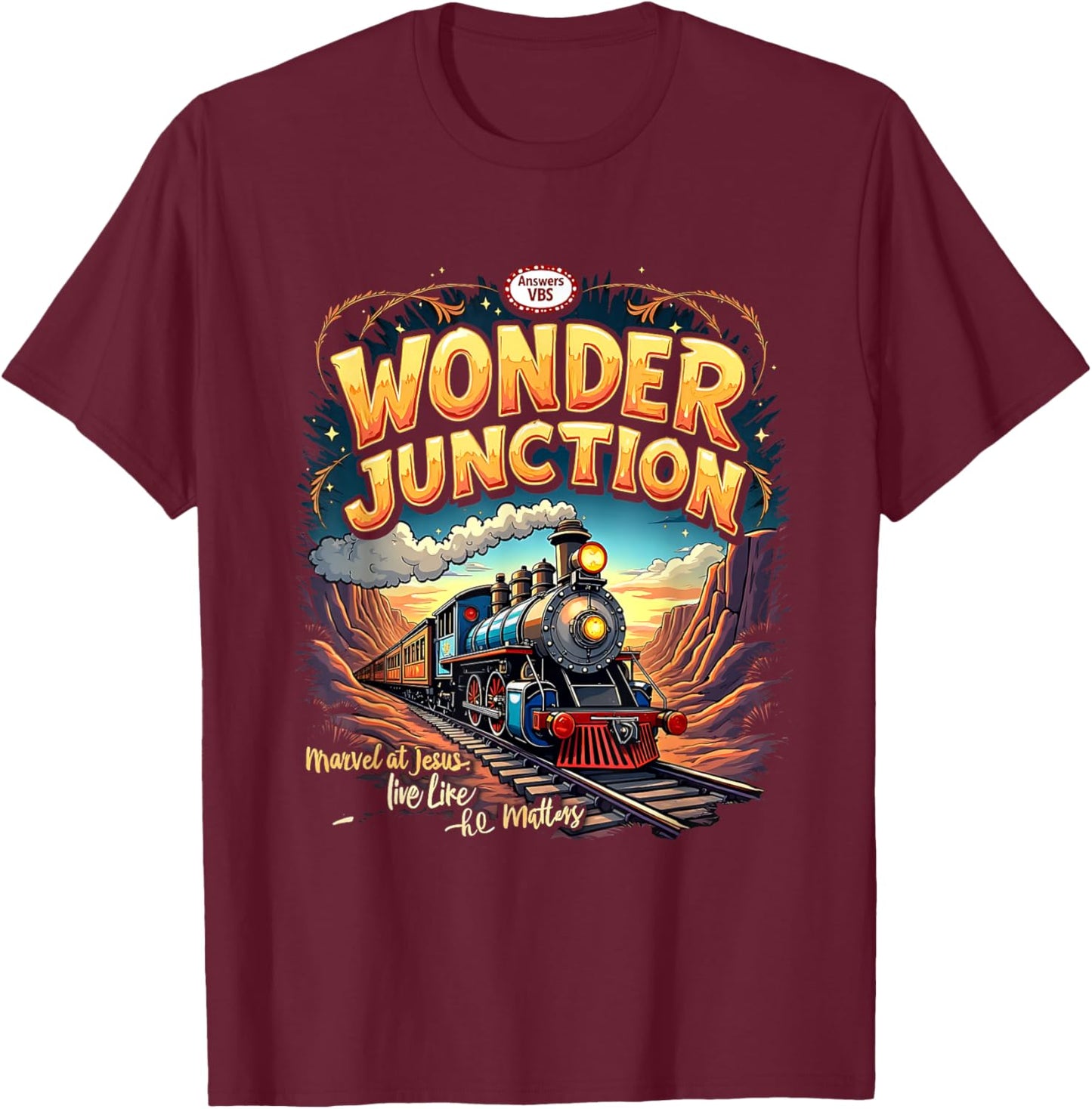 Vintage Wonder Junction VBS Train Theme Christian Graphic T-Shirt - T-Shirt | Maroon