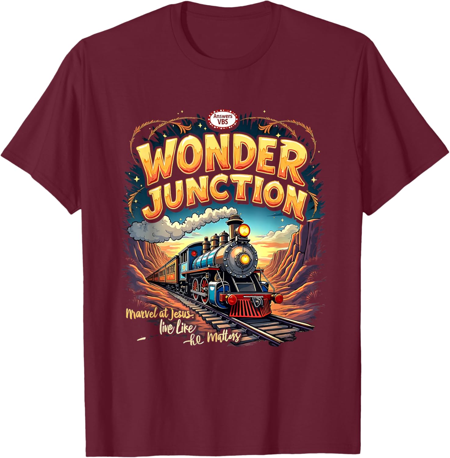 Vintage Wonder Junction VBS Train Theme Christian Graphic T-Shirt - T-Shirt | Maroon